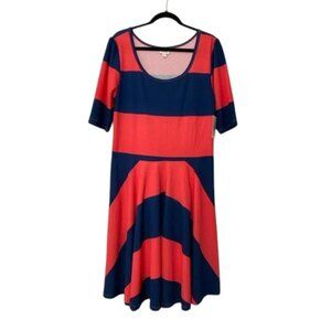 NEW w/flaws Lularoe Nicole Dress 3XL 3X 24 26 red-orange navy blue striped